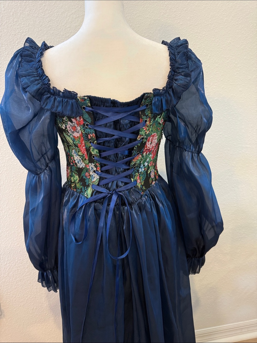 Source Unknown Navy Sheer-Sleeve Floral Lace-Up Corset Gown - Picture 6 of 9